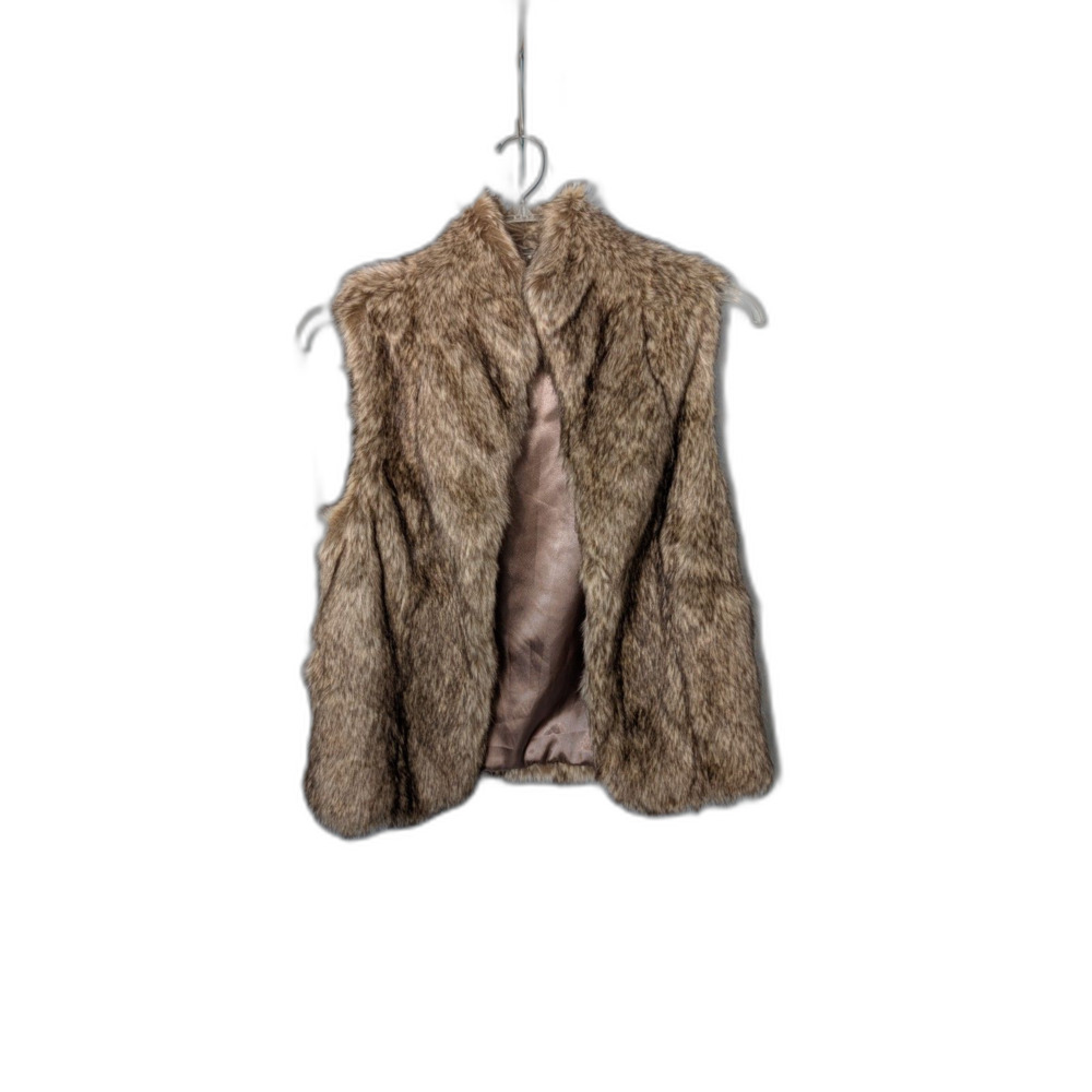 boho chic Faux Fur Vest Brown Tan Multi Tone Shag Open Front Shawl Collar BCBG